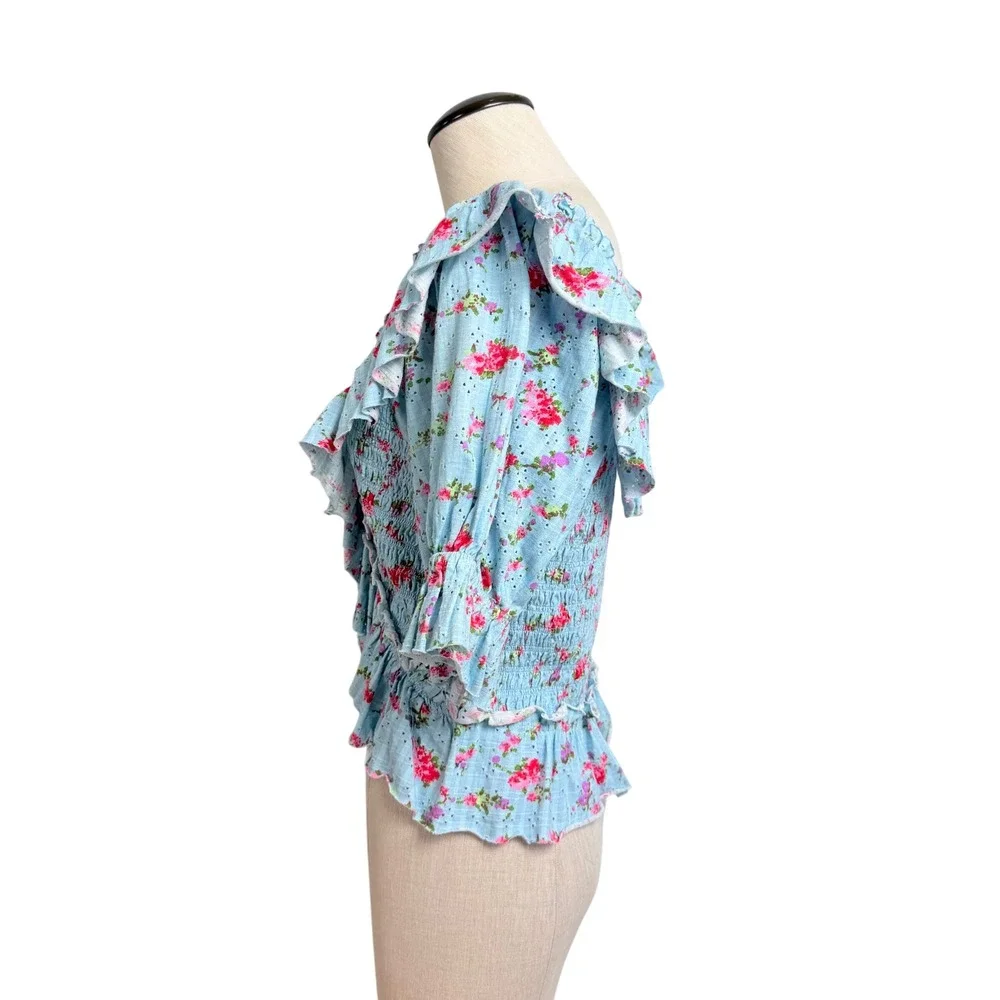 Free People Favorite Girl Floral Ruffle Smocked Top Blue Pink Cotton Size M